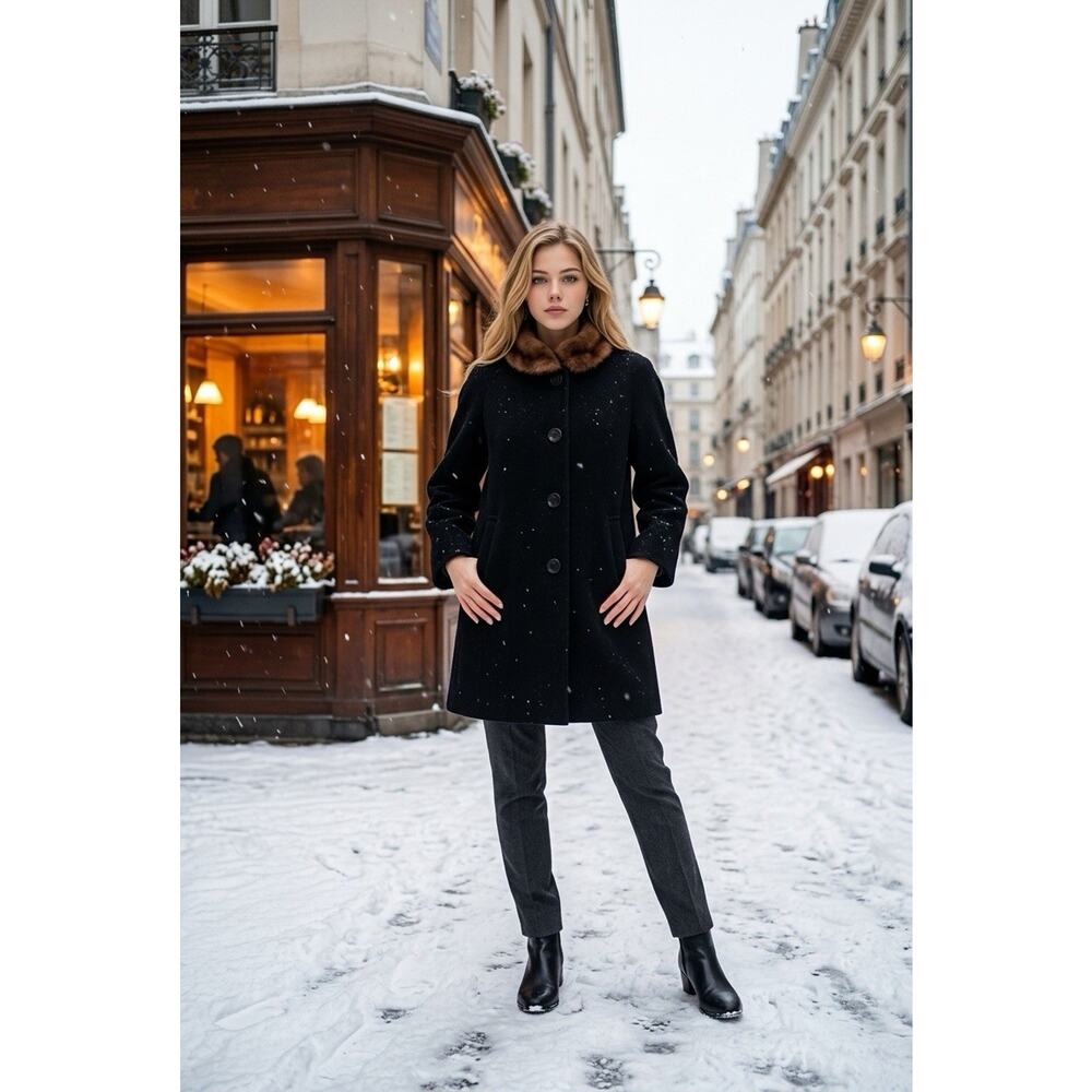Michel Daniel Paris Vintage Black Wool Coat Real Fur Collar Swirl Buttons France